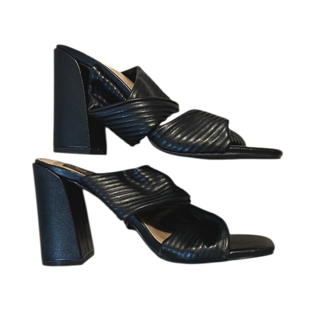 DV Dolce Vita Emeley Black Leather Ruched Square Toe Block Heel Mules 6.5 NWOT